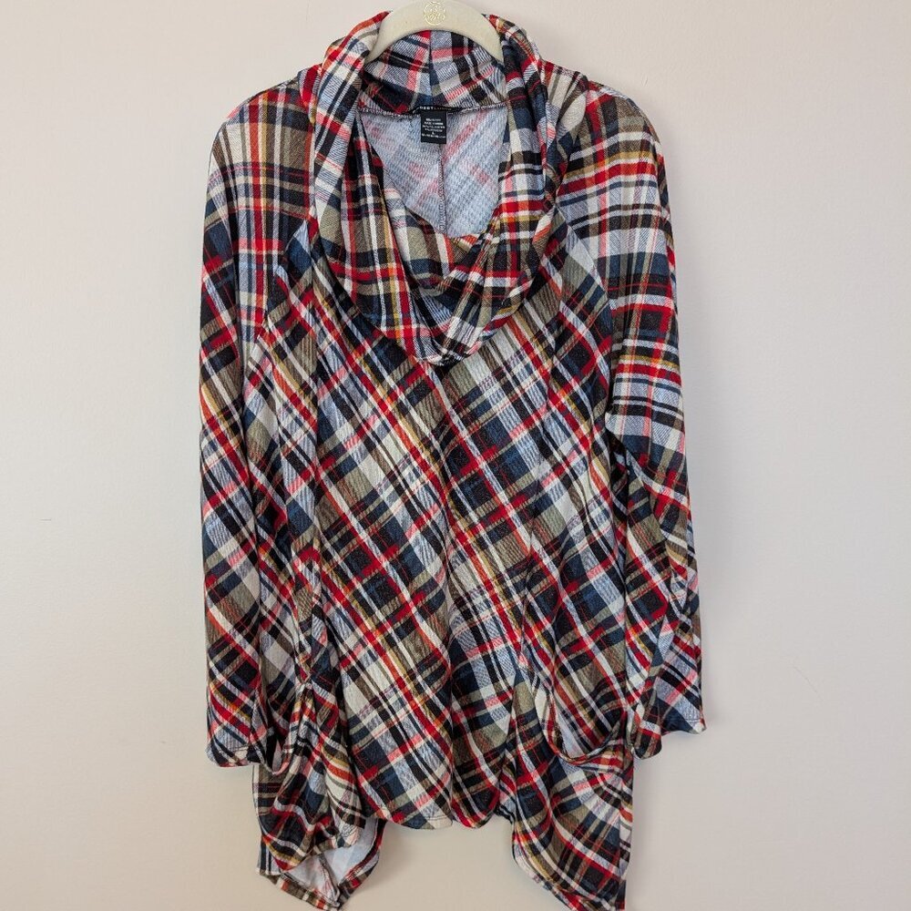 Robert Louis plaid tunic cowl neck handkerchief hem patch pockets EUC Large